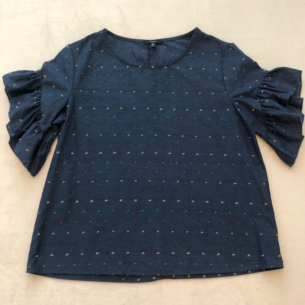 DREW Navy Blue Flutter Sleeve Confetti Blouse